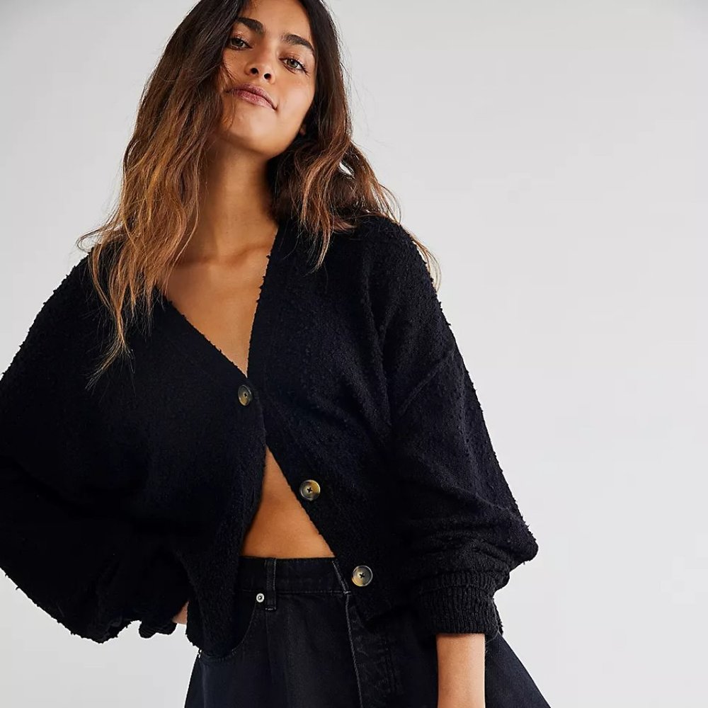 Free People Found My Friend Button Down Cardigan Black Medium